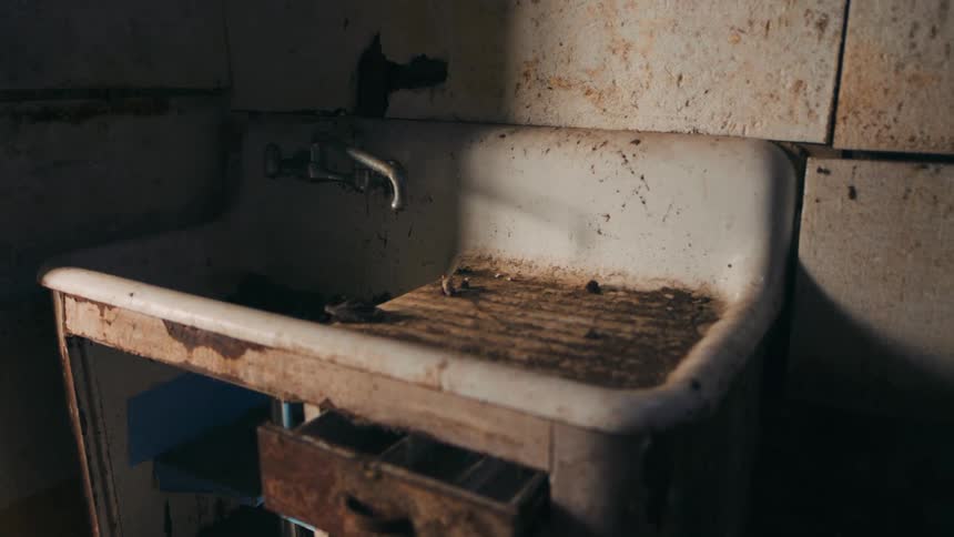 A white sink with a faucet with dirt everywhere and light beam