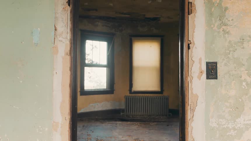 An open doorway shows one open window and one closed with the binds down behind a heater in a rundown building