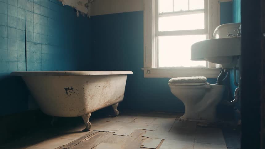 Tiles on the floor and blue colored walls of a dilapidated bathroom are torn away
