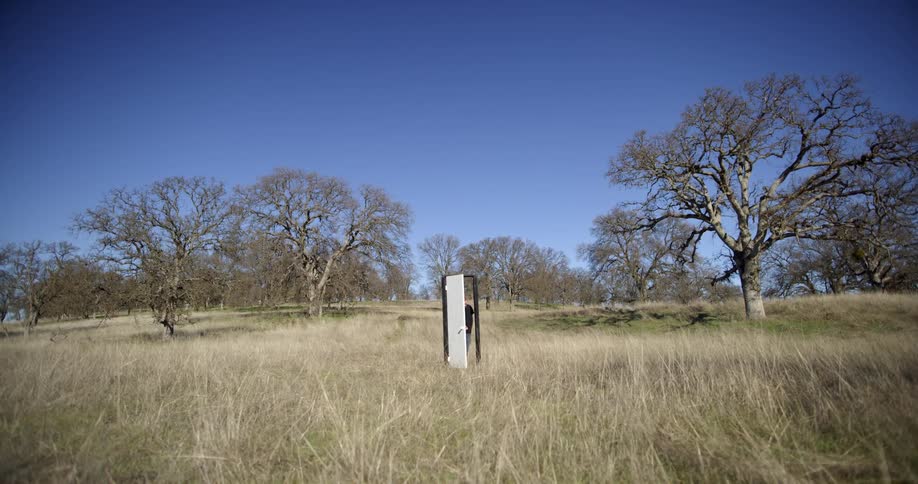 A man opens a door that leads to nowhere in a field