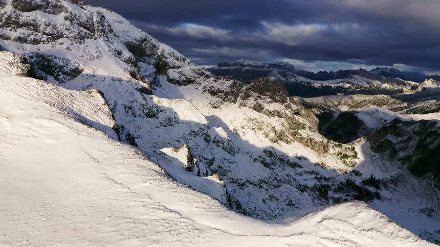 Snow covered mountain range with a dark cloudy sky in the background