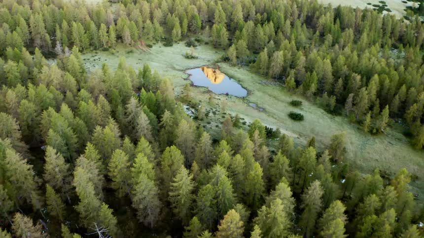 Flying out of a forest with a lake in the middle