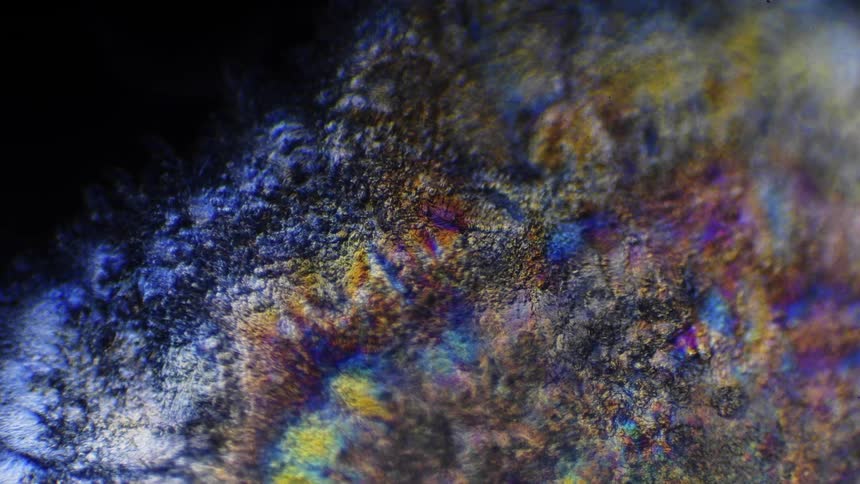 A chemical reaction showing multi colored textures moving on a black surface through liquid