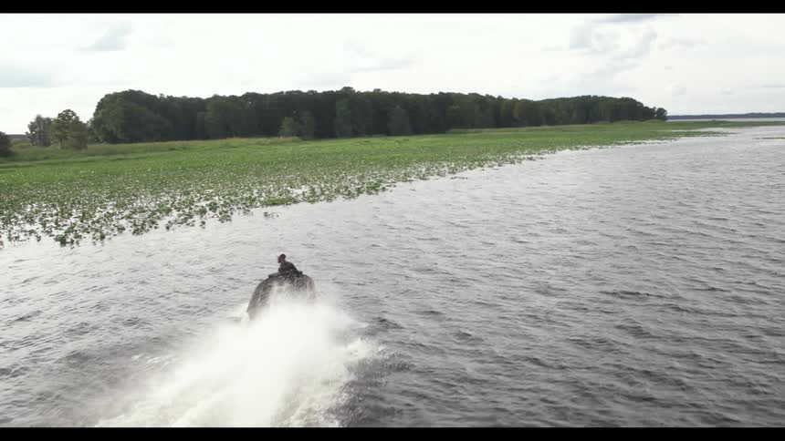 A motor boat leaves a splashing white wake as it cuts through the marsh water heading for lily pads and reeds