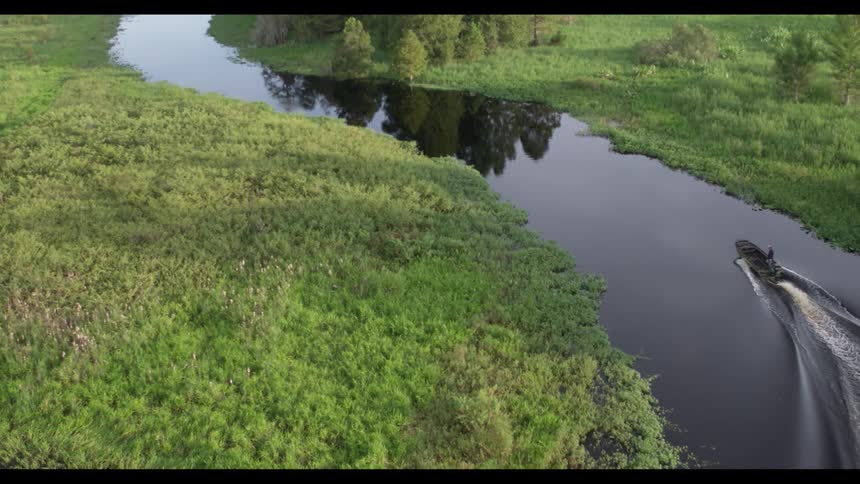 Person driving a small river boat at daytime in a river going upstream past a set of trees