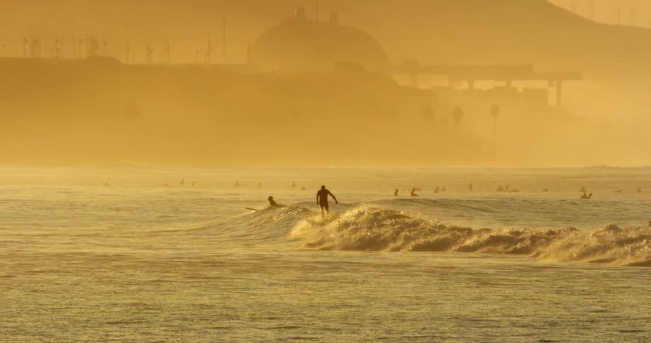 A surfer rides a curling breaking wave as others paddle or float