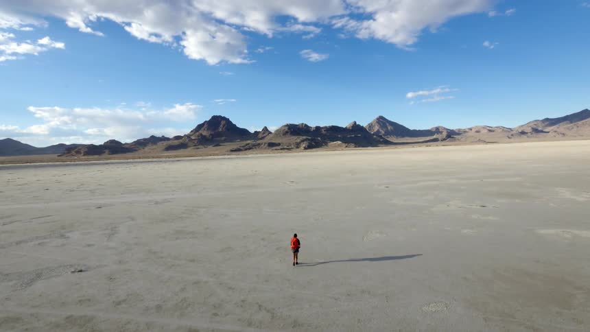 A woman walking across a desert plain