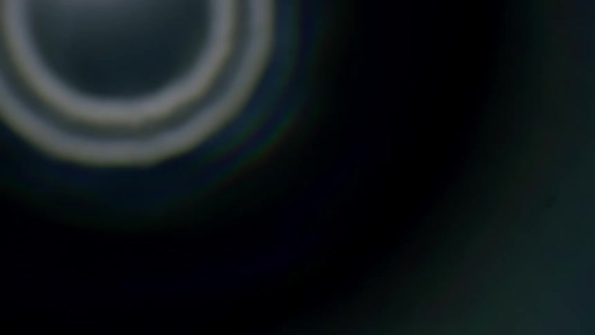 A black object with white rings is in focus and then recedes blurry