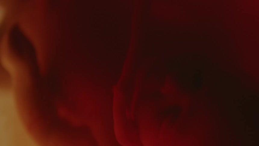 A baby floats in liquid as red liquid is moved into the space