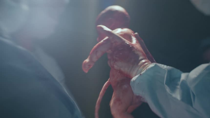 Medical personnel handle a newborn baby with uncut umbilical cord