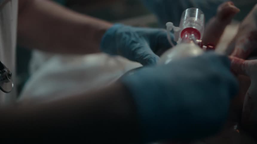 Medical professionals put an oxygen mask on a newborn baby