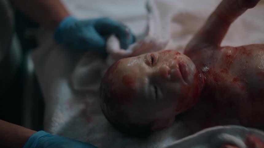 A nurse gives oxygen to a just delivered baby and uses a towel to wipe away blood