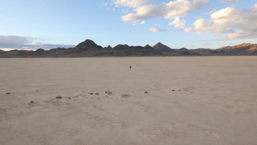 Person slowly walking across a barren plain