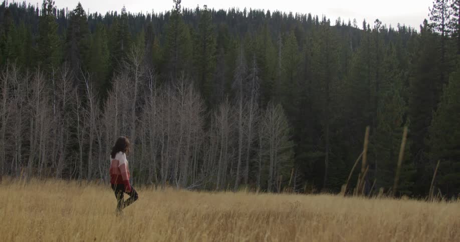 A woman is walking in a grassland area near a forest