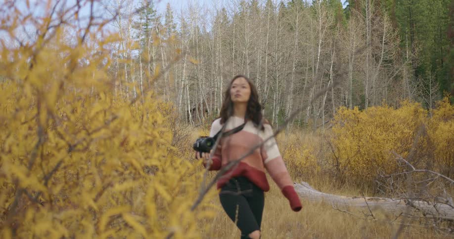 A woman walks through a forest carrying a camera