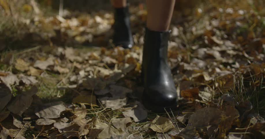 A woman walks through fall leaves