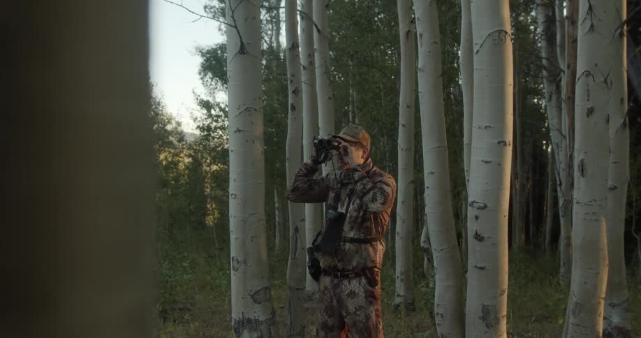 A hunter in full camouflage looks through a pair of binoculars while standing in a forest