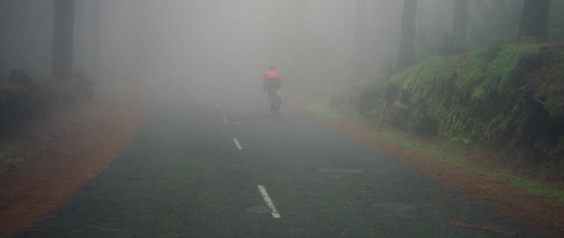 cyclist riding downhill into the fog on a forest road