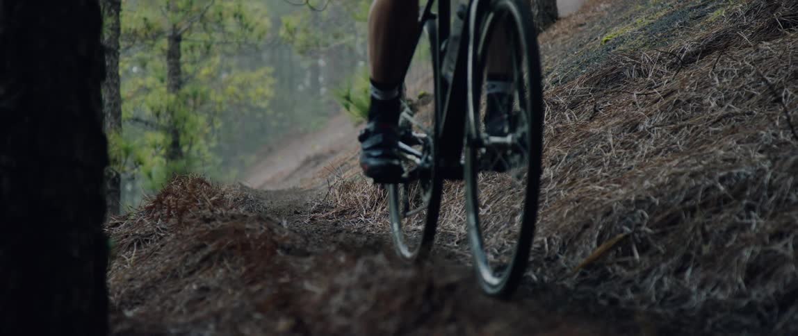 A man carefully rides his bicycle along a narrow trail in the forest
