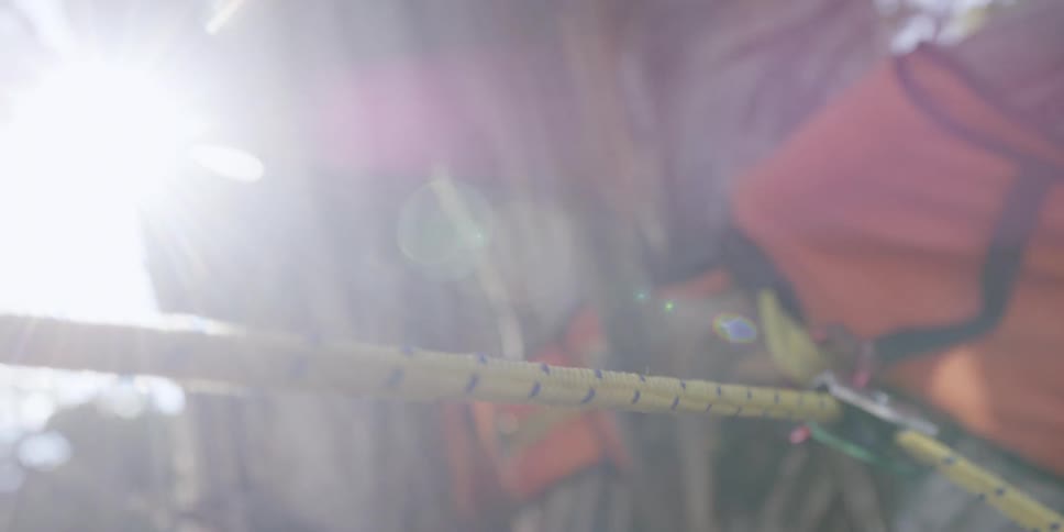 A taut rope hooked into a surface shown in bright sun