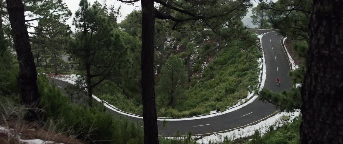wide shot of a cyclist steering his bicycle downhill on a winding road through a forest area