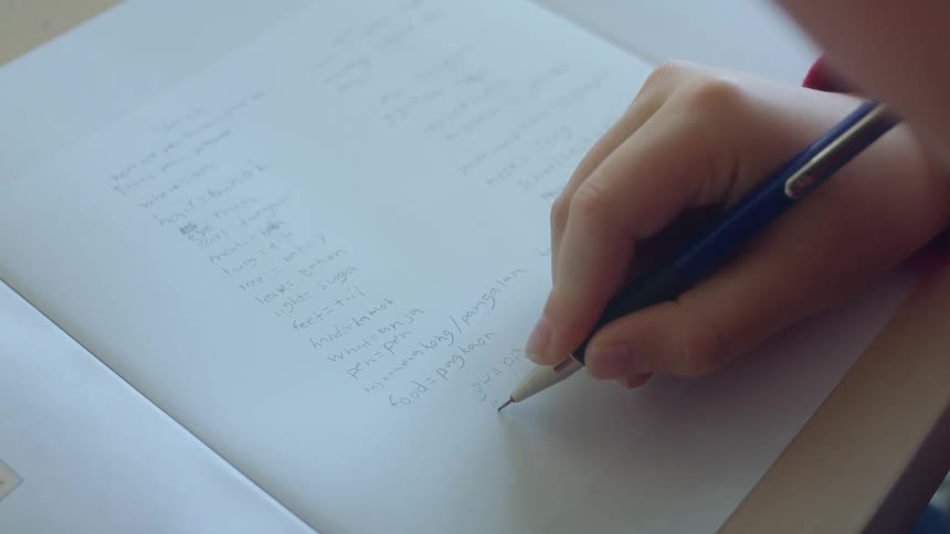 A young boy does schoolwork