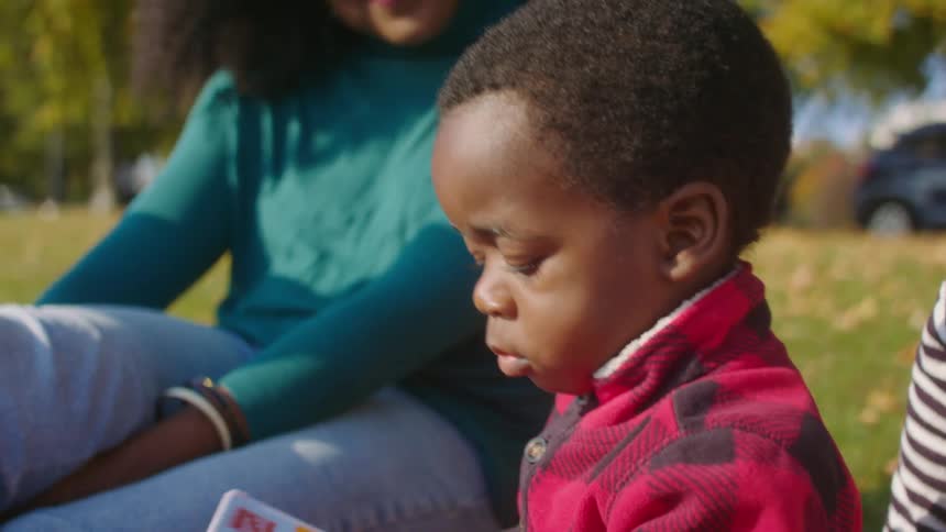 Toddler reads a story book sitting in the grass of a park with his family