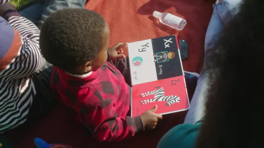 A man and woman sit on a blanket with their son while he looks at a book
