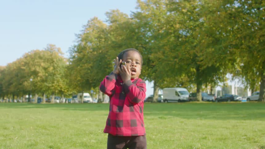 A male toddler plays with a cellphone while standing outdoors on grass during the day
