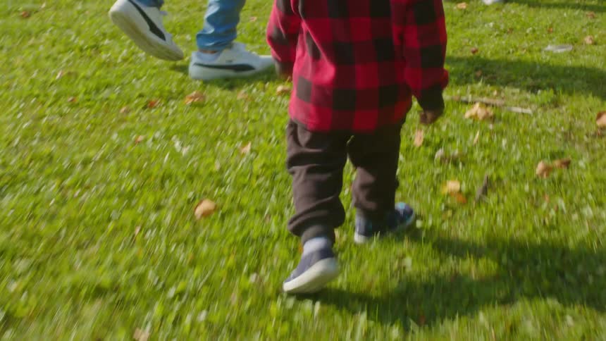Toddler running having fun with his family over the green grass in a park