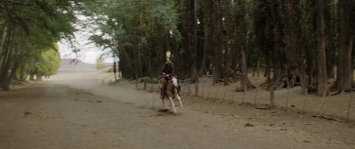 A man is riding a horse in a rural area
