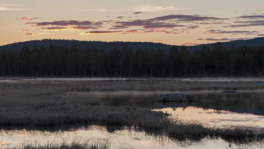 Time lapse of some mist on a small marshy lake at dusk