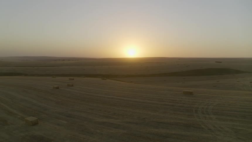 Pullback traverse over vast rolling farmland covered in hay bales as the sun glows along the horizon