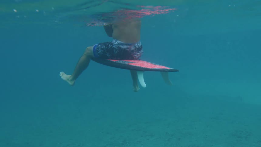 Underwater shot of surfer sitting on a surfboard
