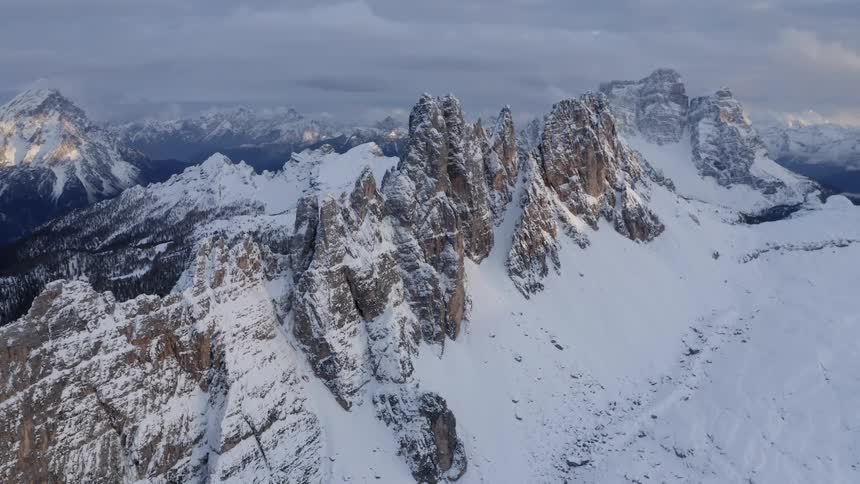Snow covered mountain summit and a cloudy sky