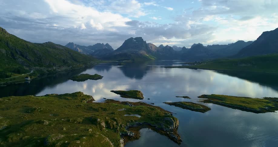 Aerial view of the calm waters of a lake next to the mountains