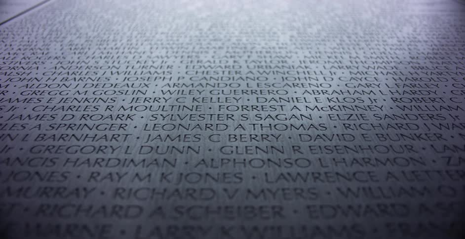 Tight shot of engraved names on a wall of Vietnam Memorial