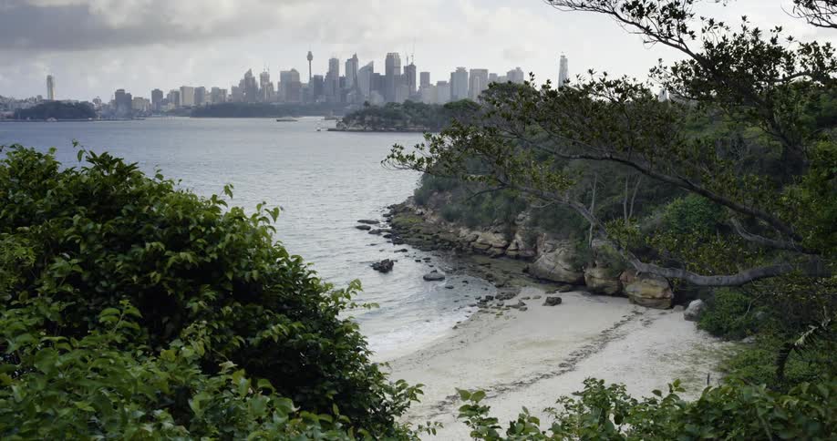 A beach with sand and water with a city skyline the sky and clouds in the background