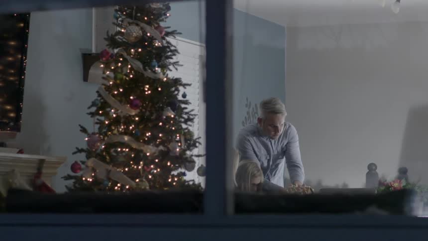 A man is with two children by a christmas tree