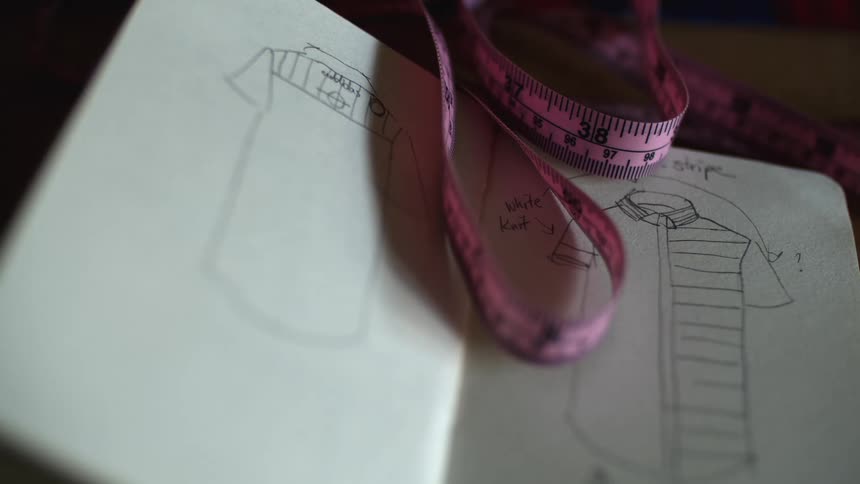 Notebook with fashion sketches inside with a pink measuring tape on top of it