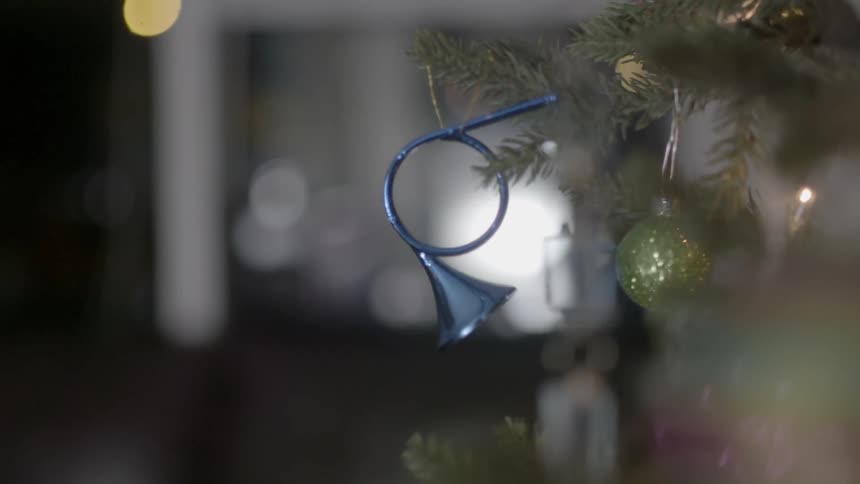 An ornament is placed on a christmas tree