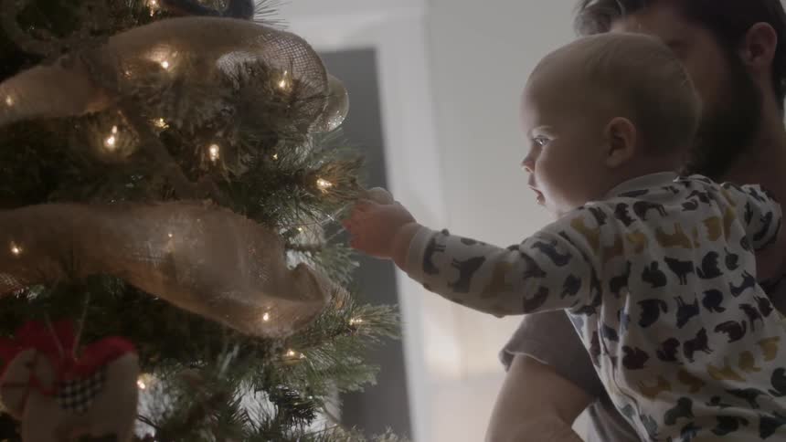 Bearded man holding an infant that is touching their christmas tree in amazement