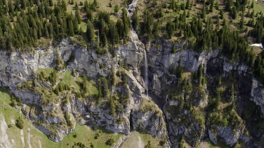 An aerial view of a mountain with trees and the cliff side of the mountain