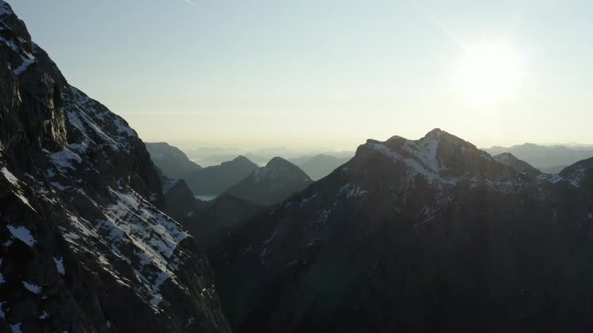 Aerial view of mountains are displayed at dusk