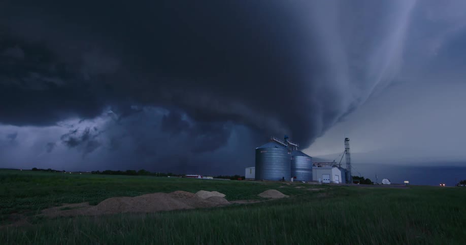 Stunning time lapse of the Imperial, Nebraska Mothership weather event as an apocalyptic and menacing supercell storm overwhelms steel grain silos in rural Nebraska in this once in a lifetime storm