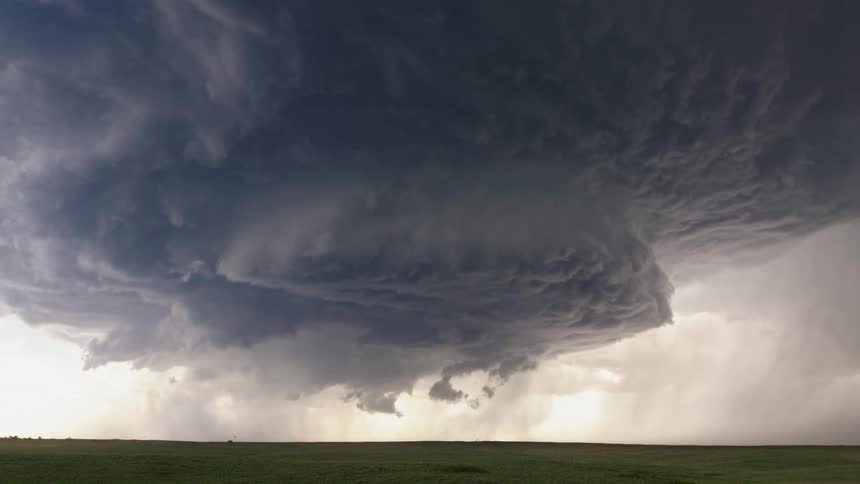 Incredible time lapse shot of a perfectly rotating supercell thunderstorm as it rumbles across Oklahoma during tornado season