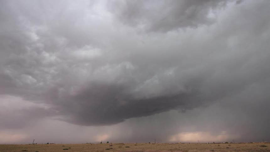Time Lapse of an intense supercell severe warned thunderstorm and cloudburst rain event over the arid land of New Mexico