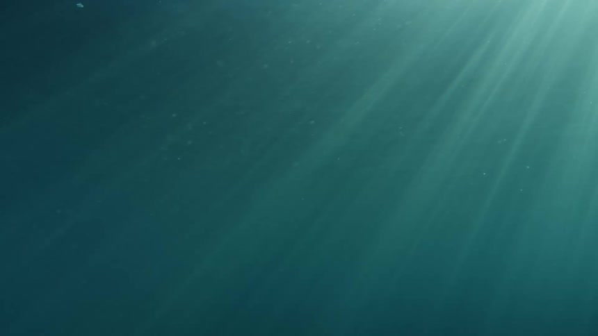 Sunlight shines in beams under water showing ripples at the top and specks floating by