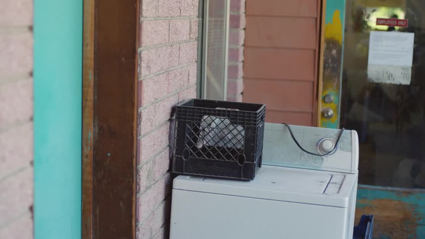 Old broken down washing machine outside of a motel in front of an employee entrance