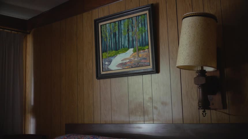 Picture on a frame hangin in the wooden wall on a room at home